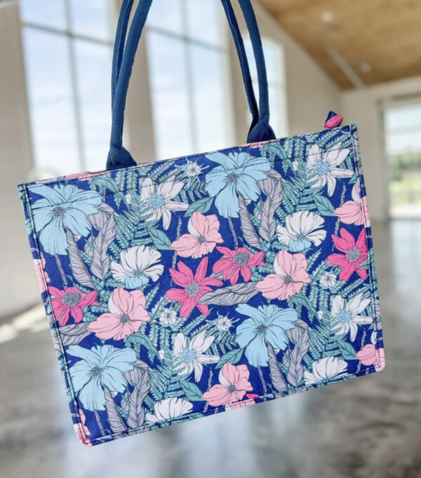 Flower Design Tote Bag- Navy